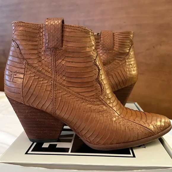 Frye | Shoes | Frye Reina Snake Bootie Cognac | Poshmark FRYE Reina Snakeskin Booties Cognac Ankle Boots main image 0